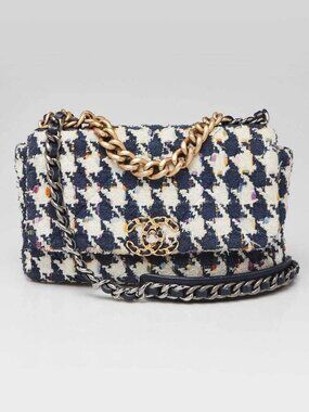 Chanel Blue/White Houndstooth Tweed Chanel 19 Small Flap Bag